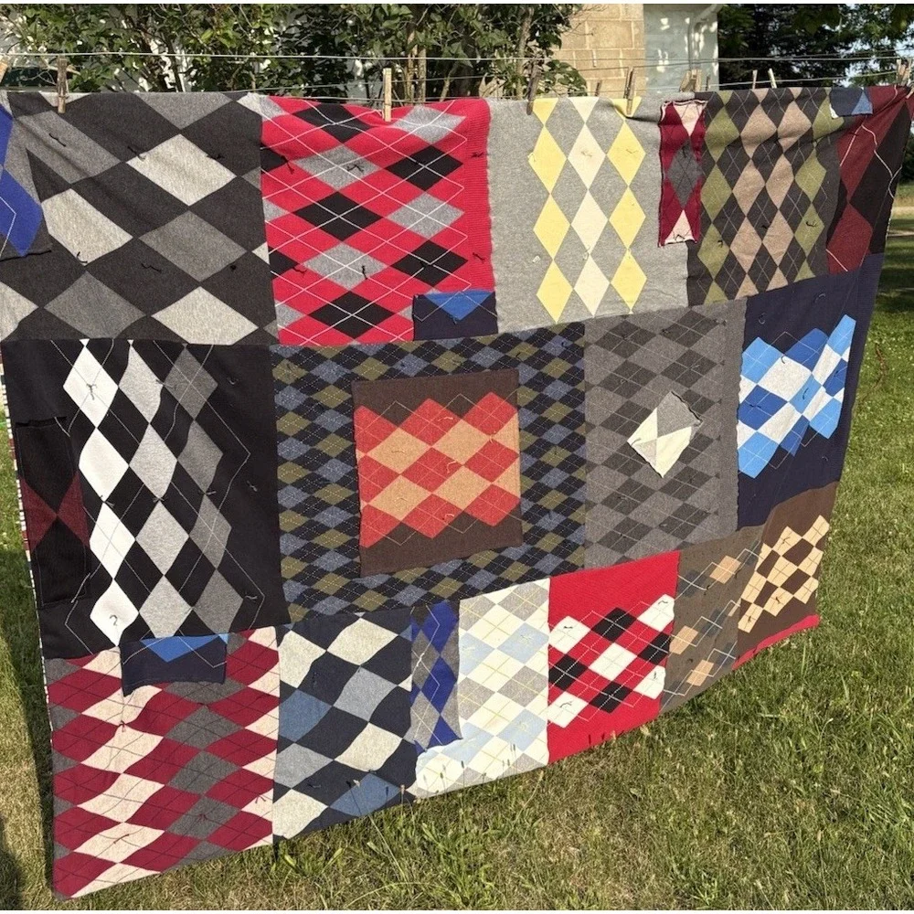 Vintage Hand Tied Argyle Knit Sweater Quilt Blanket Preppy Cotton Back Upcycled